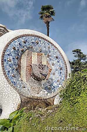 Colorful architecture by Antonio Gaudi. Parc Guell is the most important park in Barcelona. Editorial Stock Photo