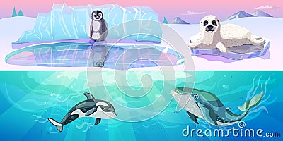 Colorful Arctic Animals Horizontal Banners Vector Illustration