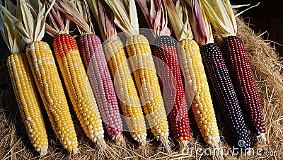 Colorful array of corn varieties displayed on hay in a rustic setting Stock Photo