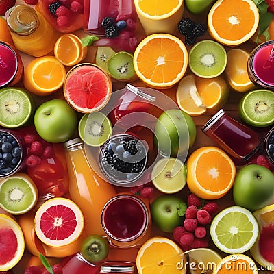 A colorful array of fresh fruit juices in glass bottles1 Stock Photo
