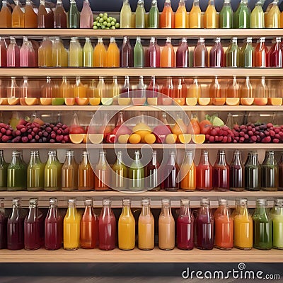 A colorful array of fresh fruit juices in glass bottles with striped straws1 Stock Photo