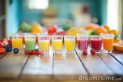 colorful array of fresh juice in shot glasses Stock Photo