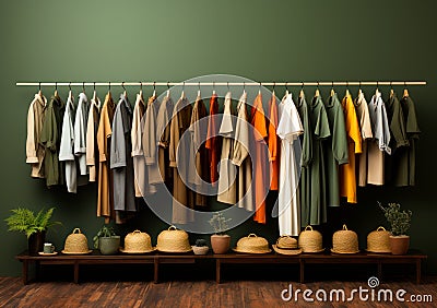 A Colorful Array of Hanging Garments Against a Vibrant Green Wall Stock Photo