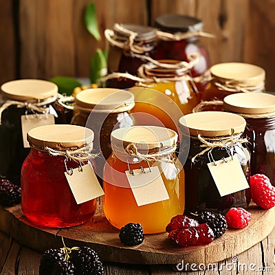 Colorful array of homemade jams displayed on a rustic wooden table. Generative AI Stock Photo