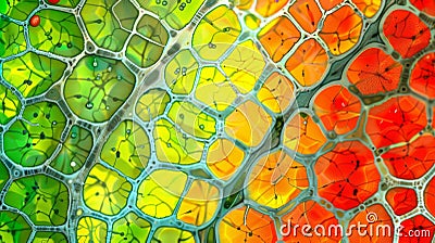 A colorful array of plant cells each with its own unique arrangement of green yellow orange and red structures creating Stock Photo