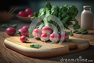 A colorful array of radishes displayed on a sturdy wooden chopping board Stock Photo