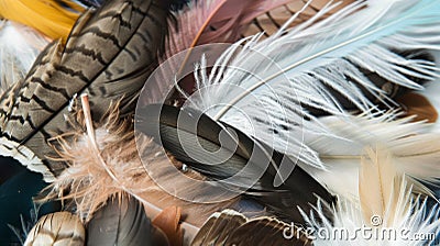 Colorful Array of Various Bird Feathers Close-Up Stock Photo
