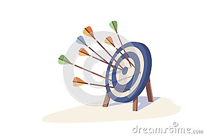 Colorful arrow hitting target mark vector illustration. Multiple arrows exactly into goal of dartboard isolated on white Vector Illustration