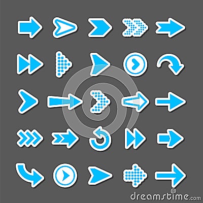 Colorful arrow stickers set. Blue cursor icons, pointers collection. Simple arrows in different shapes. Next, back web Vector Illustration