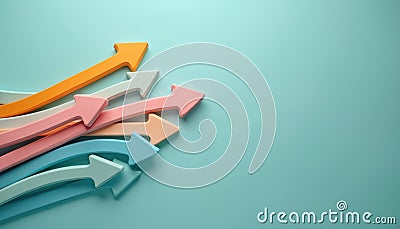 Colorful arrows create dynamic layout on turquoise background. Abstract design evokes ideas of divergence, alternative Stock Photo