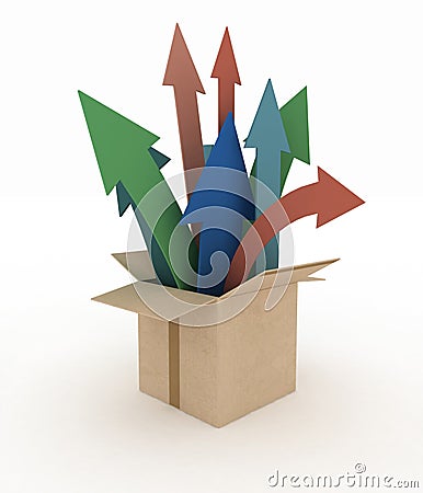 Colorful arrows emerge out of the box Stock Photo