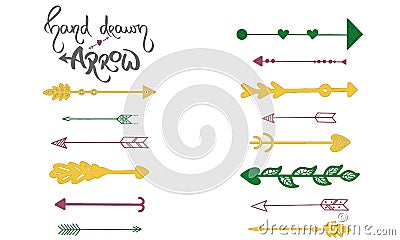 Colorful Arrows Vector Set. Hand Drawn arrows illustration. Red arrows icon. Yellow arrow logo. Handdrawn Green arrow element. Vector Illustration