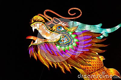 Colorful art design of a dragon Head on black background at the Kansas City Zoo Glow Wild Editorial Stock Photo