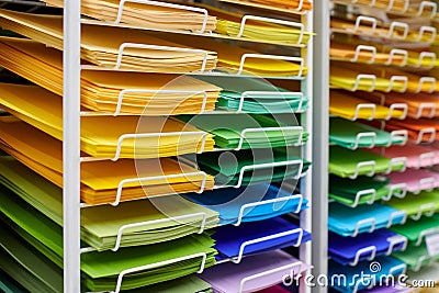 Colorful art papers on shelf display in stationery store Stock Photo