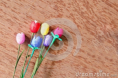 Colorful artificial tulips flower made from silk cocoon Stock Photo