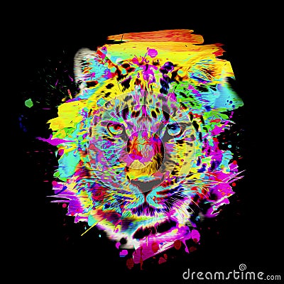 Colorful artistic leopard muzzle with bright paint splatters on dark background Stock Photo