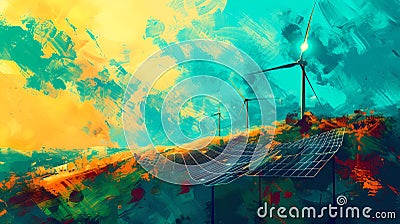 Vibrant abstract art depicting renewable energy with wind turbine and solar panels in idyllic landscape. sustainable Stock Photo