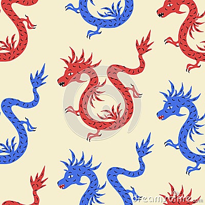 Colorful Asian dragons hand drawn vector illustration. Medieval mythology animal seamless pattern. Vector Illustration