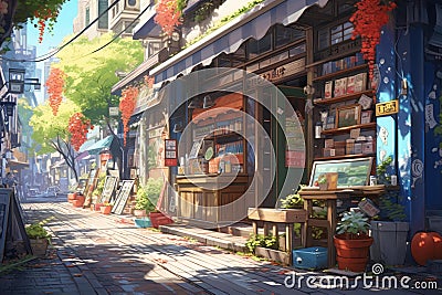 Colorful Asian shop anime visual novel game. Generate Ai Stock Photo