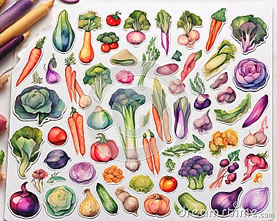 Colorful assorted vegetable stickers for, organic produce store menu design background, generated by AI Cartoon Illustration