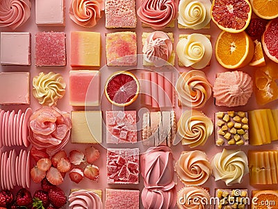 Colorful Assortment of Gourmet Sweets and Confections Displayed in a Tantalizing Pattern Stock Photo