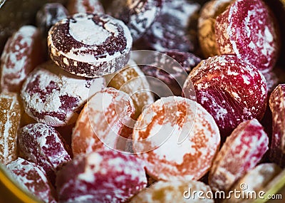 Colorful assortment of Old fashionned fruit flavored hard candy Stock Photo