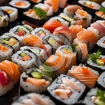A colorful assortment of sushi rolls on a sushi boat1 Stock Photo