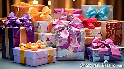 A colorful assortment of wrapped birthday presents with bows and ribbons Stock Photo