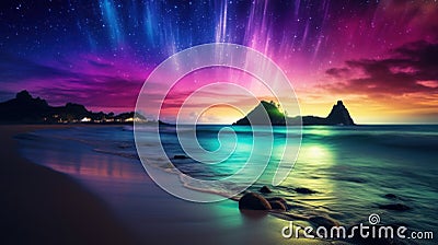 A colorful aurora over the ocean and rocks, AI Stock Photo