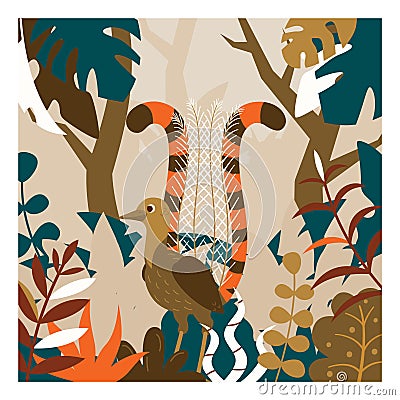 Colorful Australian lyrebird surrounded by trees and leaves vector illustration. Cartoon lyre bird in forest. Vector Illustration