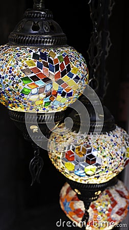 Colorful authentic and traditionally handmade lanterns, chandeliers or mosaic lamps selling Stock Photo