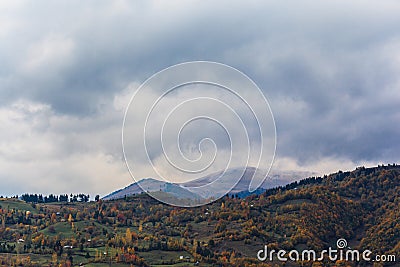 Colorful autumn landscape in the mountain village. Stock Photo