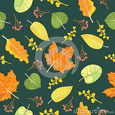 Colorful autumn leafs pattern in warm colors, seamless. Falls leaves background repeat. Vector Illustration