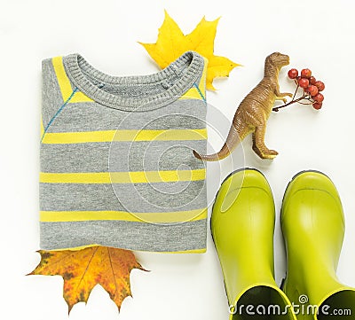Colorful autumn leaves, kids rain boots, stripe sweater, toy dinosaurs. Autumn background. Thanksgiving day concept. Autumn outfit Stock Photo