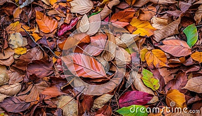 Colorful Autumn Leaves Lying On The Ground, Seasonal October Background - Generative AI Stock Photo