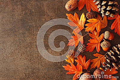 Colorful autumn leaves, nuts and pine cone side border over a rustic dark background Stock Photo