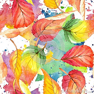 Colorful watercolor autumn leaves. Leaf plant botanical garden floral foliage. Seamless background pattern. Stock Photo