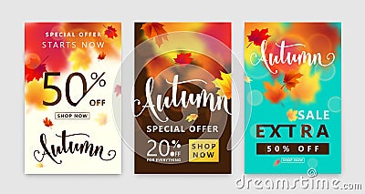 Colorful autumn poster set. Fall sale background with bright maple leaves Vector Illustration