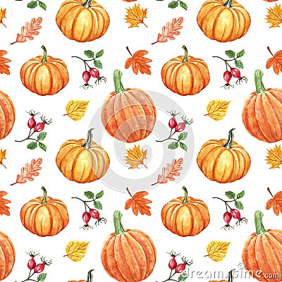 Colorful autumn seamless pattern. Watercolor hand painted pumkins, orange, red and yellow leaves and berries on white background Cartoon Illustration