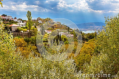 Colorful autumn trees and mountain village aerial view Stock Photo