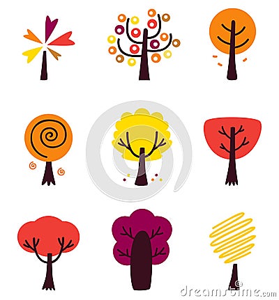 Colorful Autumn Vector Trees set isolated on white Vector Illustration