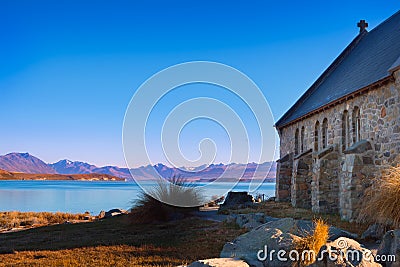 Colorful autumn view of Lake Tekapo with Church of good shepherd Stock Photo