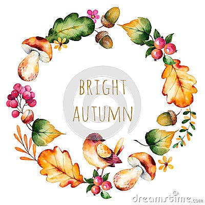 Colorful autumn wreath with autumn leaves,flowers,branch,berries Cartoon Illustration