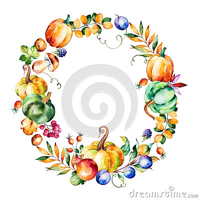 Colorful autumn wreath with fall leaves,branches,berry Stock Photo