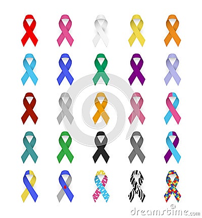 Colorful Awareness ribbons. Emblem of cancer, AIDS, hepatitis, lupus, diabetes, epilepsy, autism, down syndrome Vector Illustration