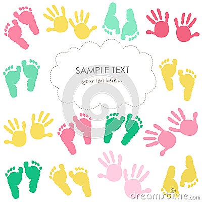 Colorful baby footprint and hands kids greeting card Vector Illustration