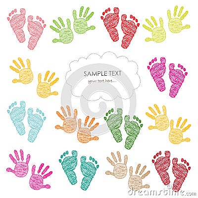 Colorful baby girl and boy foot and hand print arrival greeting card Vector Illustration