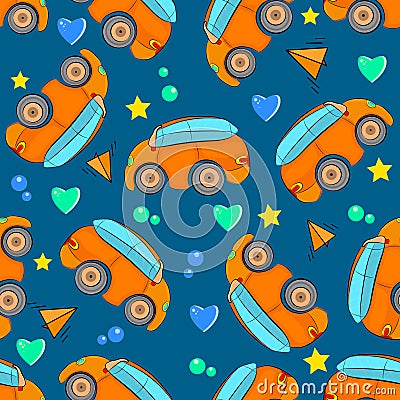 Cartoon cars seamless pattern on blue background. Vector Illustration