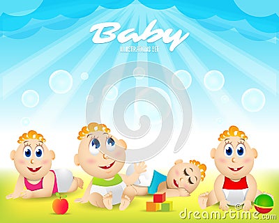 Colorful Baby set. Playground. Template for advertising brochure. Ready for your message. Baby look up with interest. Vector Illustration