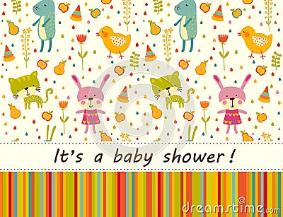 Colorful Baby shower background with animals and flowers. Vector Illustration